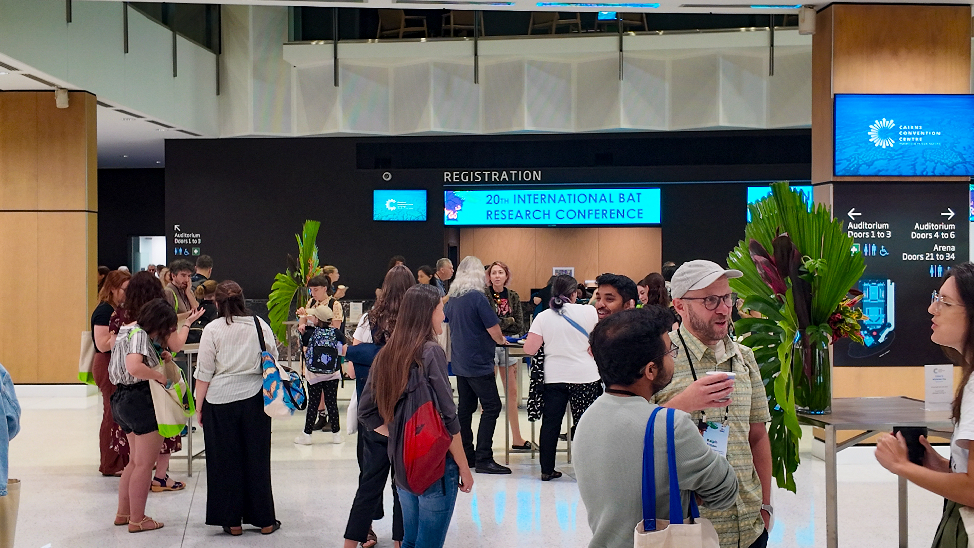 Delegates at the International Bat Research Conference 2025 gathered in the foyer area of Cairns Convention Centre near the registration desk, with event signage and digital screens visible in the background.