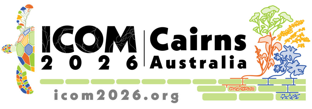Logo for ICOM2026 featuring a colorful mosaic sea turtle alongside bold black text reading "ICOM 2026 Cairns Australia", with the website "icom2026.org" below. Abstract coral and marine plant designs in green, orange, yellow, and blue decorate the background.