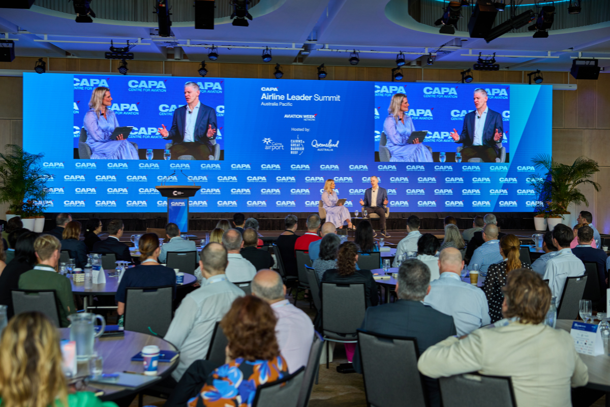Conference session in the Trinity Room at the CAPA Airline Leader Summit with attendees seated at round tables facing a stage. Two speakers are seated on stage in front of a large blue backdrop featuring the CAPA logo and sponsor names. Behind them, two large screens display a close-up of the speakers in conversation. The stage is decorated with potted plants, and the room has modern lighting and ceiling fixtures.