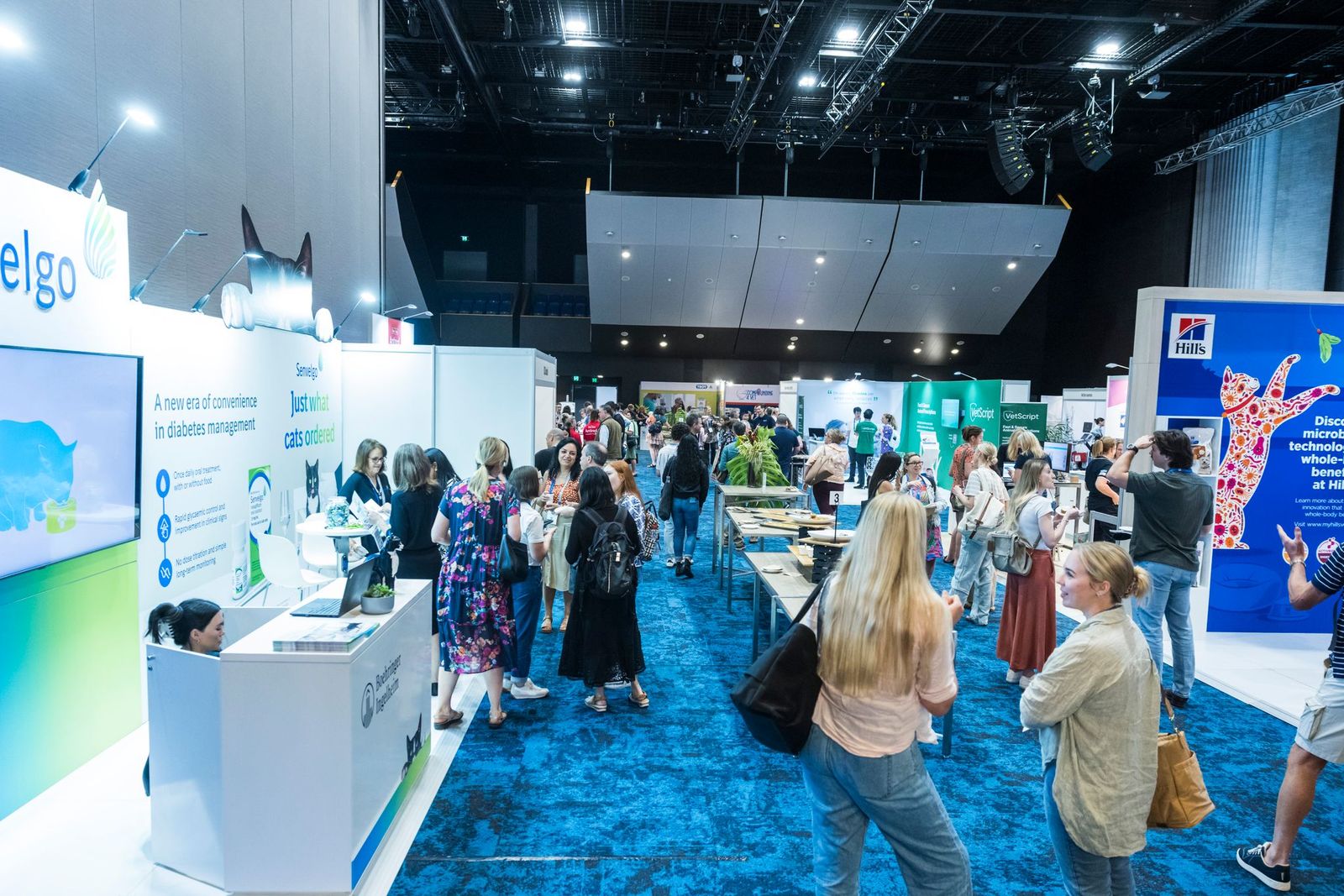 Exhibition in Auditorium for ASAV 2025 Conference featuring multiple booths with veterinary products and services. Attendees are walking through the aisles, engaging with exhibitors. Bright lighting and blue carpet create a professional atmosphere.