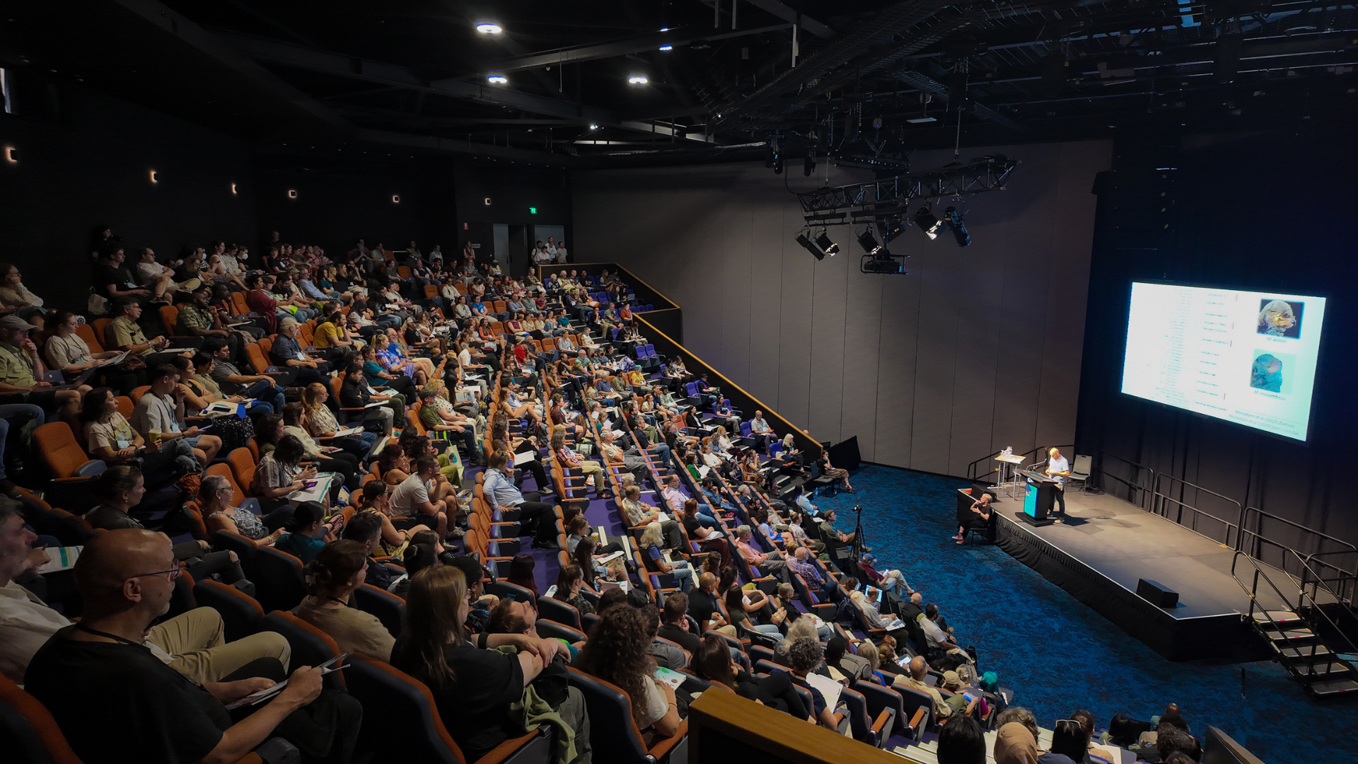 Large auditorium filled with delegates attending a plenary session at the International Bat Research Conference. The audience is seated in tiered rows facing a stage where a presenter stands at a podium next to a large screen displaying slides with text and images related to bat research.