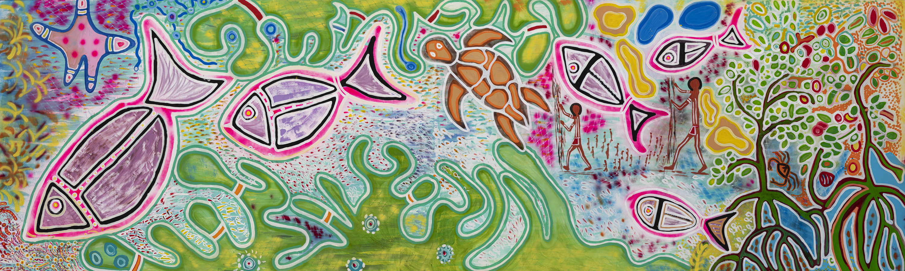 Reef Connections by Elverina Johnson, a colourful artwork depicting fish, turtles, coral, mangroves, rainforest forms, and human figures, representing the deep connection between the reef, ocean, land, and First Nations people, and the flow of life from sea to rainforest.