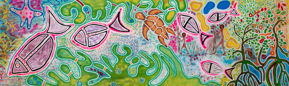 ‘Reef Connections’ by Elvernia Johnson, a Gungganji Gurugulu and Gimuy Walubara Yidinji artist, depicting colourful reef life including fish, turtles, and coral