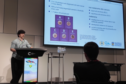 Research presentation on skin cancer detection technology at BioEM 2026 conference in Cairns Convention Centre by Rafael Fiore, a PhD candidate.