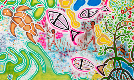 ‘Reef Connections’ by Elvernia Johnson, a Gungganji Gurugulu and Gimuy Walubara Yidinji artist, depicting colourful reef life including fish, turtles, and coral